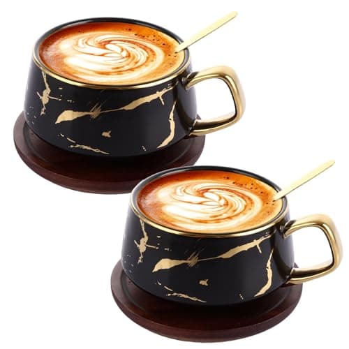 Image of LDXDRU 2 Pack 380ml Tea Cup and Saucer Set, Porcelain Cappuccino Cups with Saucers & Spoons, Black Ceramic Coffee Mug for Home Festival Birthday Gift