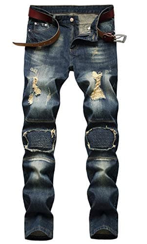 Image of AIYINO Mens Ripped Slim Straight Fit Stretch Biker Jeans Stylish Denim All Waist(34 Dark Blue)