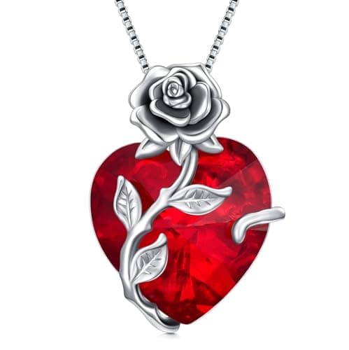 Image of TOUPOP Garnet Necklaces for Women January Birthstone Jewellery 925 Sterling Silver Rose Flower Heart Pendant Necklace Anniversary Birthday Gifts for Wife Girlfriend