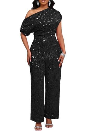 Image of VERWIN Women's Sequin Jumpsuit Elastic Ruffle One Shoulder Wide Leg Sparkly Party Cocktail Romper L Black