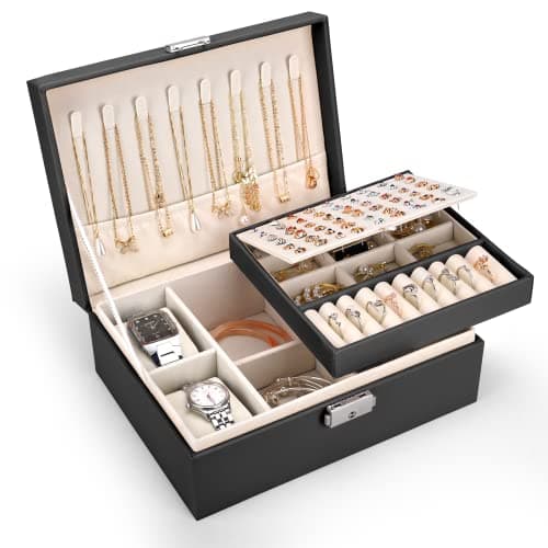 Image of Pystuvo Jewellery Box for Women, 2-Layer Large Jewellery Organiser Box with 2 Watch Pillows, PU Leather, Travel Jewellery Organiser for Earrings Rings Necklaces Watches Bracelets,Black