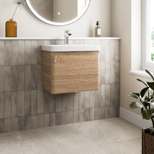 Image of Affine® 500mm Vanity Unit Wash Basin Sink Bathroom Wall Mounted Storage Cabinet Cupboard Cloakroom, Soft Close Drawer, Wood Oak Effect