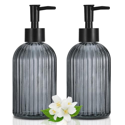 Image of Hejo 2 Pcs 400ml Glass Soap Dispenser with Black Pump, Hand Wash Dispenser Bottle for Kitchen Bathroom Sink, Refillable for Liquid Soap, Lotion, Shampoo, Dish Wash (Transparent Black)