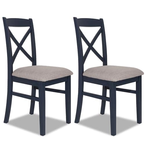 Image of Statement Furniture Set of 2 Florence Cross Back Dining Chairs with Upholstered Seat, Wooden Kitchen Highback Chairs | W45cm H98cm D53cm, Seat Height 50cm (navy blue, 2-Chairs)