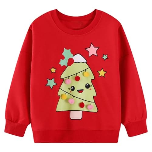 Image of Baogaier Girls Sweatshirt Red Christmas Tree Pattern Cotton Long Sleeve Jumper Crew Neck Casual Loose Kids Clothes Soft Breathable Pullover Tops Girl Clothing Age 3-4 Years