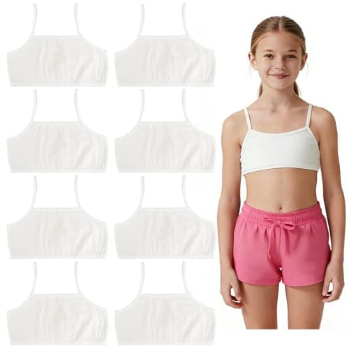Image of 8 Pack Girls Bras, Girls Clothing,Crop Tops for Girls, White Sports Bra,Soft Comfortable Cotton Girls Sports Bra Kids for Kids 8-12 Years