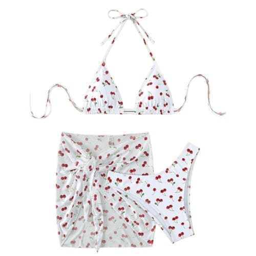 Image of TFAOYS 3PCS Women Two Pieces Swimsuit Print Swimwear with Beach Wrap Skirt, String Swimming Costume Fruit Print Bathing Suit Swimsuit Set