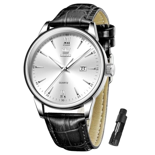 Image of OLEVS Men's Watch Waterproof Quartz Black Leather Strap Wristwatch Simple Classic Dial with Date Business Dress Watch for Men