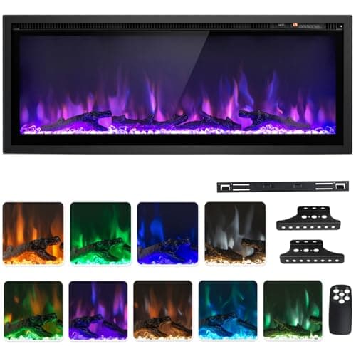 Image of COSTWAY 50”/127cm Electric Fireplace, Wall Mounted/Recessed/Freestanding Fire Heater with 9 LED Flame Color, 5 Brightness, Remote, Thermostat, 1-8H Timer, Overheat Protection, 750W/1500W (50”/127cm)