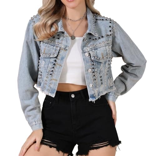 Image of Allegra K Rivet Studded Denim Jacket for Women's Cropped Casual Wash Jean Jacket Light Blue S