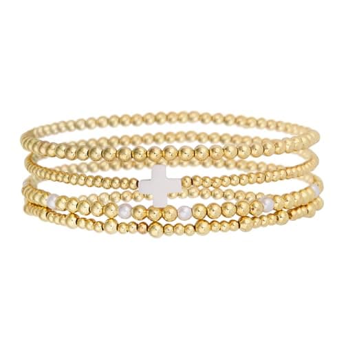 Image of Mikovivi 4pcs Gold Bead Stack Bracelets Set for Women, Non-Tarnish Gold Elastic Cross Pearl Bracelets Stackable Hand Chain Trendy Jewelry Gifts