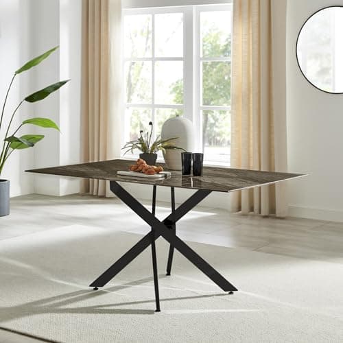 Image of Furniturebox UK Dining Table - Leonardo 6 Seat Dining Table - Glass Dark Marble Effect Table Matte Black Metal Legs - Nested Starburst Design - Modern Dining Room for Contemporary Home Kitchen