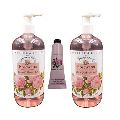 Image of CRABTREE & EVELYN Three Piece Rosewater Bath Shower Gels 500ml Hand Therapy 25g Gift set