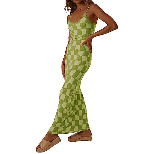 Image of Felcia Women's Spaghetti Strap Knit Long Dresses Sleeveless Checkerboard Print Bodycon Cami Dress Summer Party Cocktail Dress Streetwear (A-Green, M)