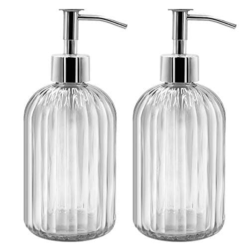 Image of 2 Pack Glass Soap Dispenser Bottle with Pump, 14 Oz Refillable Liquid Hand Jar Dispenser for Bathroom, Countertop, Kitchen, Laundry Room (Transparent)