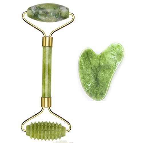 Image of Jade Roller, Gua Sha Massage Set, Face Roller For Eye Puffiness Treatment, Skin Tightening, Rejuvenate & Neck, Natural Green Slimming Stone Anti-Aging Body Neck Lymphatic Drainage Tool Reduce Wrinkles