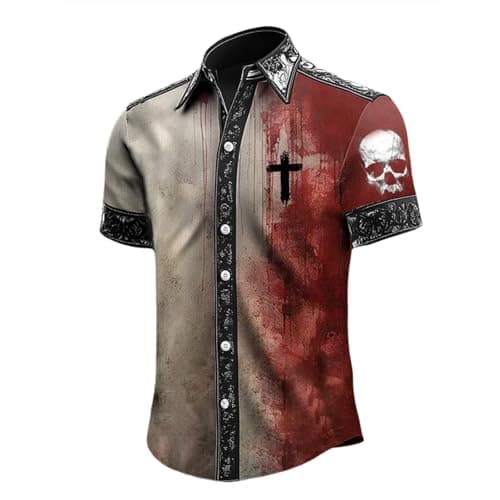 Image of Halloween Costume Women Unisex Men T Shirt Halloween Skeleton Print Short Sleeve Button Down Shirt Casual Stylish Funny Costume Party Comfortable Breathable Fashion Top, khaki, XL
