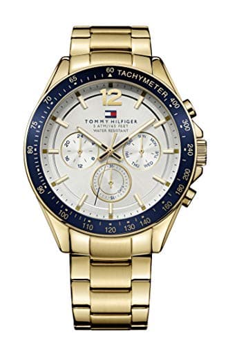 Image of Tommy Hilfiger Men's 48mm Multifunction Quartz Watch - Gold Stainless Steel Bracelet, Silver White Dial, 3 Sub-Dials, 5ATM Water Resistant - 1791121