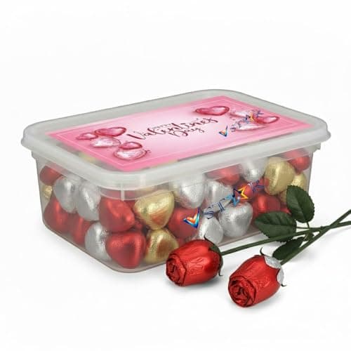 Image of Valentine’s Day Heart-Shaped Chocolates 500g with 2 Chocolate Roses in Valentine’s Day Gift Tub – Assorted Red, Gold & Silver Foiled Chocolates, Random Mix, Perfect Romantic Treat