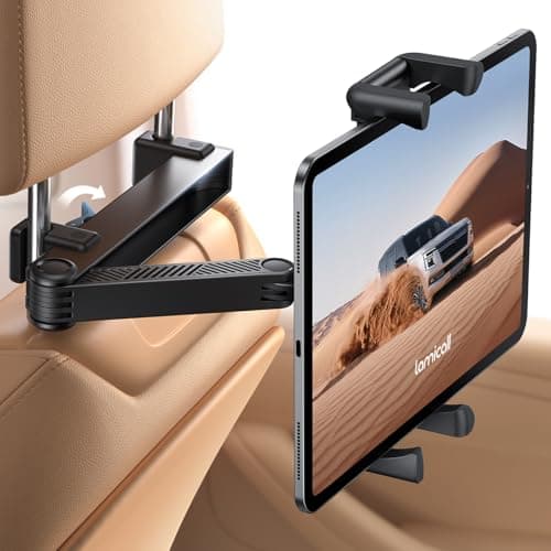Image of Lamicall Car Headrest iPad Holder - [Aluminium Lockable Arm] Universal Car Tablet Mount Backseat with Foldable Wide Clip, Road Trip Essentials for Kids, for iPad Pro, Air, Mini, Galaxy, 6.1-13” Device