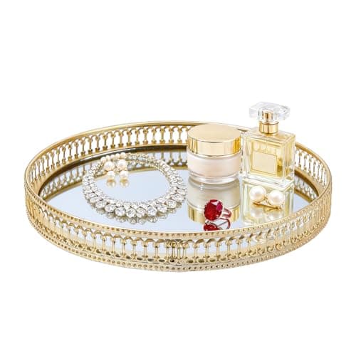 Image of DICOSMETIC 25cm Gold Mirrored Vanity Tray Decorative Perfume Tray Bathroom Vanity Glass Mirror Trays Round Decorative Organizer for Dresser, Bedroom, Bathroom Countertops