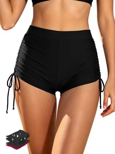 Image of SHEKINI Women’s Period Swimwear High Waist Bikini Bottoms Drawstring Tummy Control Swim Boyshorts Black X-Small