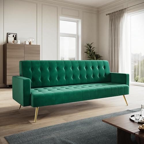 Image of ELEGANT Green Velvet Sofa Bed Modern 3 Seater Click Clack Luxury Sofas Settee Recliner Couch, Button Tufted Seat Cushion, Lounge Compact Sofa for Living Room, Bedroom, Home Office, Apartment