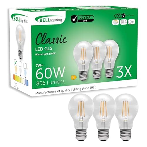 Image of BELL Lighting E27 Edison Screw Cap Filament Dimmable Light Bulb LED GLS 3 Pack | Warm White 2700K | 806 Lumen 7W | Energy Saving GLS Light Bulb | 60W Lamp Equivalent