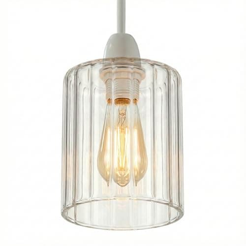 Image of Ribbed Glass Lamp Shade 14cm Height x 10cm Diameter, Clear Fluted Light Shade Replacement, E27 Easy Fit Ceiling Pendant & Table Lamp Shade, Vintage Modern Lighting for Living Room Bedroom (Pack 1)