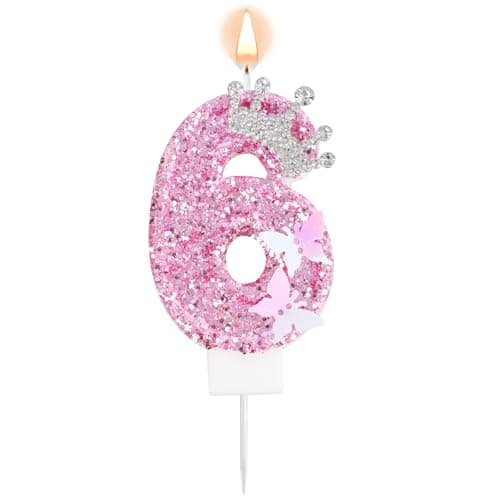 Image of Pink Number Birthday Candle, 6th Sixth Six Glittery Crown Butterfly Sparkling Sequin Cake Topper Decorations for Birthday Party Wedding Anniversary Celebrations (Number 6)