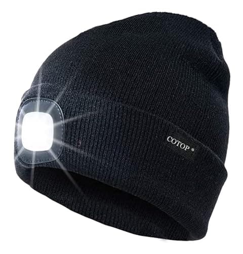 Image of COTOP Unisex LED Headlamp Beanie Cap Men's Women Gift Winter Warm Beanie Hat Hands Free Lighted Beanie Cap for Dog Walking Night, Running, Camping,Hiking Black