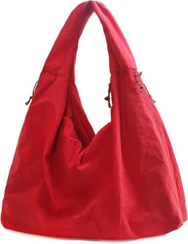 Image of ALANTOP Large Nylon Hobo Shoulder Bag for Women, Lightweight Crescent Tote with Zipper Closure, Water-Resistant Casual Handbag for Travel, Shopping, and Daily Use (Red)