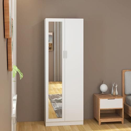 Image of Panana 2 Door Mirrored Wardrobe with Hanging Rail Wooden Clothes Storage Cupboards Unit for Bedroom Furniture 72 x 47 x 170 cm (White)