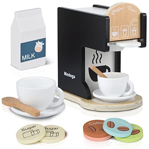 Image of Play Kitchen Accessories Kids Wooden Coffee Maker Toy Espresso Machine Toddler Toy Kitchen Sets for Girls and Boys (black)
