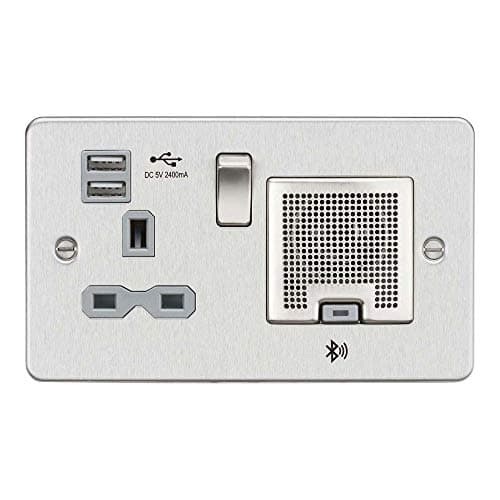 Image of Knightsbridge FPR9905BCG FPR9905 Flat Plate 13A Socket, USB Chargers (2.4A) and Bluetooth Speaker, 230 V, Brushed Chrome