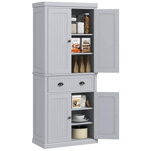Image of HOMCOM 183cm Tall Kitchen Cupboard, Kitchen Pantry Cabinet with Drawer, 3 Adjustable Shelves and 4 Doors, Freestanding Storage Cabinet for Dining Room, Living Room, Grey