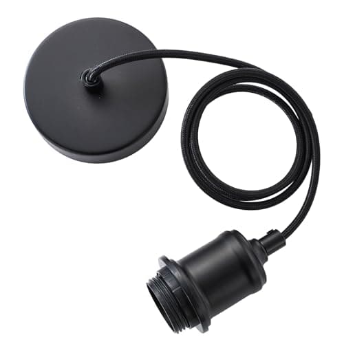 Image of Industrial Black Pendant Light Fitting, Metal E27 Screw Lamp Holder with Lock Ring for Shade, Matt Black Ceiling Rose with 100cm Adjustable Black Braided Flex Cable Ceiling Light Fixture KIT801MBK