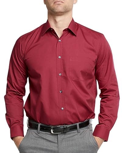 Image of Double Two Men's Shirts Long Sleeve Smart Casual Regular Fit Wedding Work Cotton Blend Shirt Burgundy