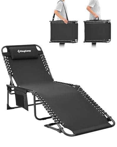 Image of KingCamp Sun Lounger with 5-Position Adjustable Backrest, 180 kg Heavy Duty Sun Loungers for Garden Camping Beach, Trifold Folding Portable Sunbed Guest Bed with Headrest, Side Pockets & Strap, Black