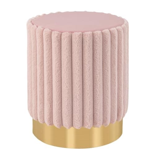 Image of COSTWAY Velvet Round Footstool, Upholstered Tufted Ottoman Dressing Vanity Stool Seat with Metal Base, Modern Accent Makeup Stool Footrest for Bedroom and Living Room (Pink)