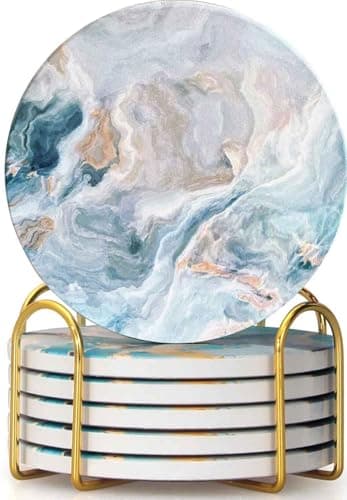 Image of Drink Coasters with Holder 6 Pack, Ceramic Coasters Marble Style, Absorbent Abstract Coasters Set, 4in Cup Mat for Any Cups, Home, Living Room Decor, Tabletop-Protection for Coffee Beverage-Light Blue