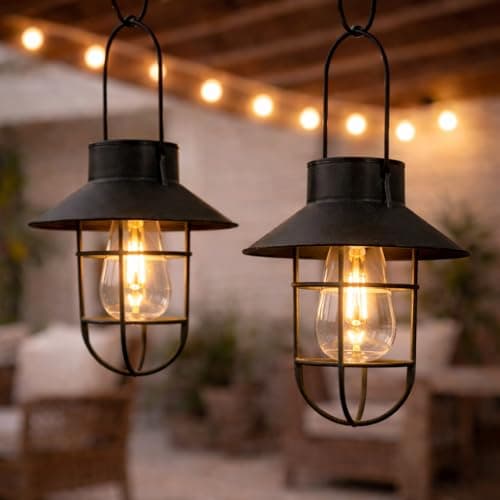 Image of Festive Lights - 2 Pack 21cm Solar Black Fisherman Hanging Cage Lantern, Warm White Filament Effect LEDs - Antique Rustic Metal Look, IP44 Rated, Outdoor Decorative Garden Light - Integrated Panel