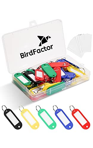 Image of 50 Pack Key Tags with Labels - 5 Colours, Plastic Box with Extra Paper Labels, Key Rings & Key Fobs with Split Rings for Keys, Pets, Luggage & Memory Stick Tags