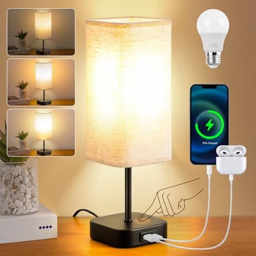Image of Table-Lamp-Bedside-Touch-Control-Dimmable-Charging-Rechargeable USB A+C Charger Ports 3-Way Dimmer Linen Fabric Shade Lamps LED Tables Lampe Reading Night Modern Lights Bedroom Living Bed Side Lounge