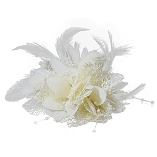 Image of Flower Feather Bead Corsage Hair Clips Fascinator Hairband and Pin (Cream Ivory)
