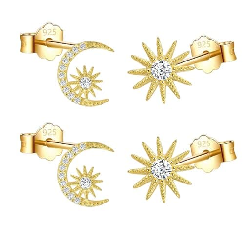 Image of HinDaLi 2 Pairs 925 Sterling Silver Stud Earrings for Women Girls Gold Studs Sun Moon Star Earrings Cubic Zirconia Women Earring Diamond Silver Studs Sleeper Cartilage