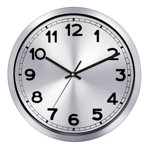 Image of Plumeet Small Wall Clock, 10 Inch Battery Operated Wall Clock with Silver Aluminum Frame, Non Ticking Silent Metal Wall Clocks Decorative Kitchen Living Room Bedroom