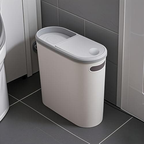 Image of Taylor & Brown 10 Litre Slim Bathroom Trash Can Dust Bin with Touch Top Lid and Handle, Garbage Bin for Bedroom Kitchen Living Room Office, White with Grey coloured Trim