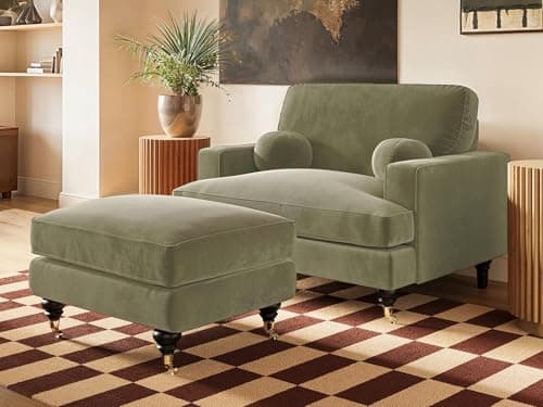 Image of Solace+Co Addison Loveseat Footstool with Caster Legs Bundle Khaki Green Velvet