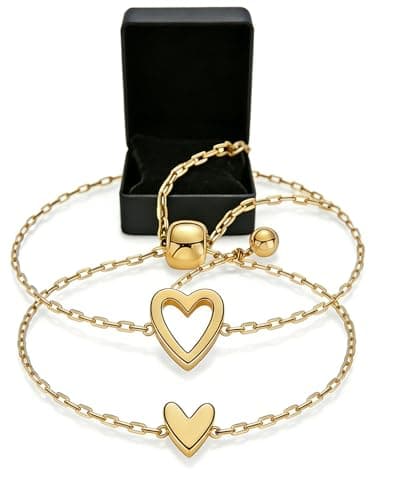 Image of Panruia Adjustable Love Friendship Two Bracelet Pack, 14K Gold Plated Matching Heart Bracelet Set For Women, Hypoallergenic Dainty Stainless Steel BFF Friendship Mother Daughter Jewelry Gift (Gold)